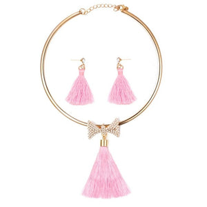 Tassel Jewelry Boho Pearl Chocker with  Crystal Drop Earrings