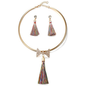 Tassel Jewelry Boho Pearl Chocker with  Crystal Drop Earrings