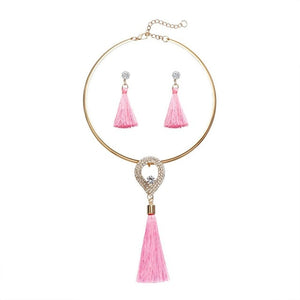 Tassel Jewelry Boho Pearl Chocker with  Crystal Drop Earrings