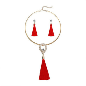 Tassel Jewelry Boho Pearl Chocker with  Crystal Drop Earrings