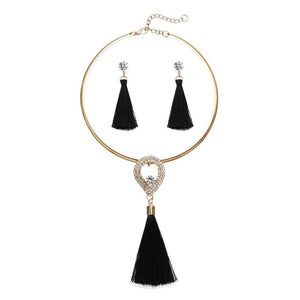 Tassel Jewelry Boho Pearl Chocker with  Crystal Drop Earrings