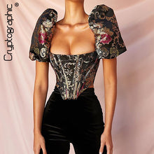 Load image into Gallery viewer, Goddess Square Collar Jacquard Boned Bustier Crop Tops
