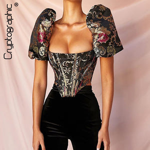 Goddess Square Collar Jacquard Boned Bustier Crop Tops