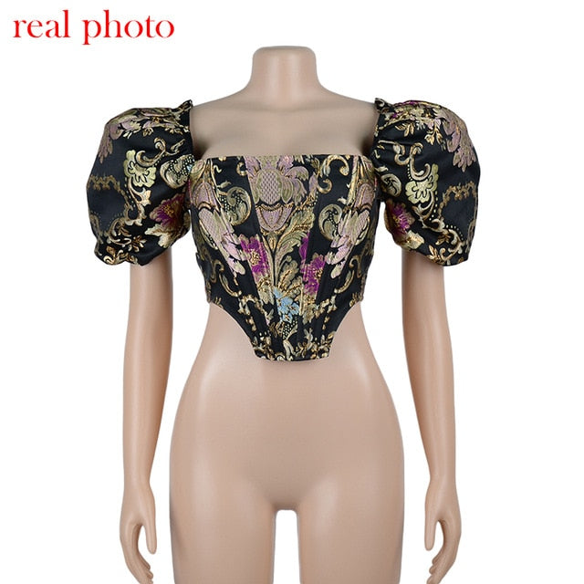 Goddess Square Collar Jacquard Boned Bustier Crop Tops