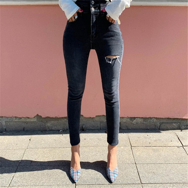 Women Ripped Trousers High Waist Slim Pencil Jeans