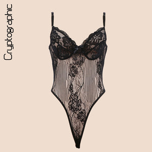 Goddess Black bow lace transparent bodysuit