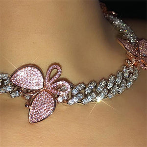 Goddess Glam Pink Cuban Link Butterfly necklace