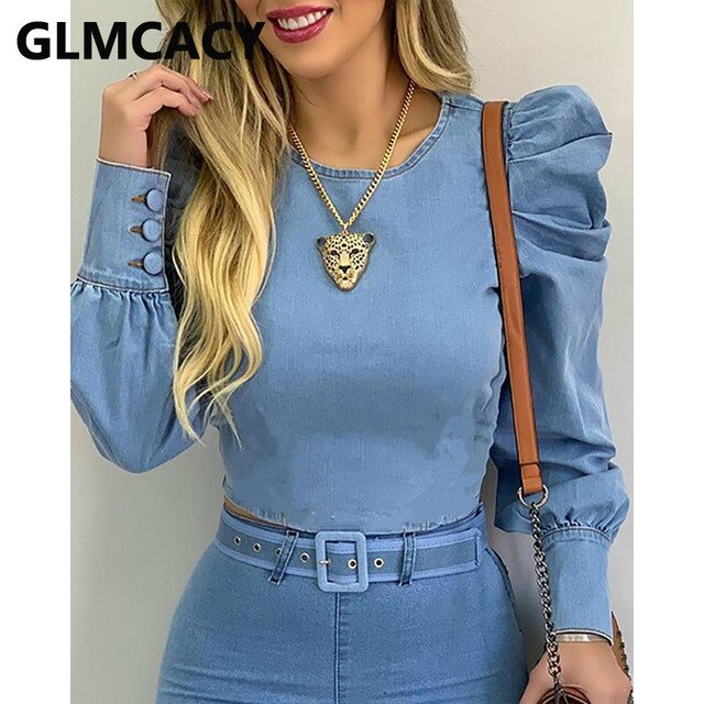 Women Round Neck Puff Sleeve Corset Top