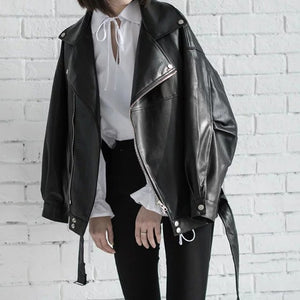 Black Leather Loose Turn-down Collar