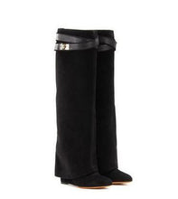 Load image into Gallery viewer, Silver Metal Shark lock Knee high Boots White Women Pointed Toe Leather Wedge Increase Height High Heel Shoes Over The Knee boot
