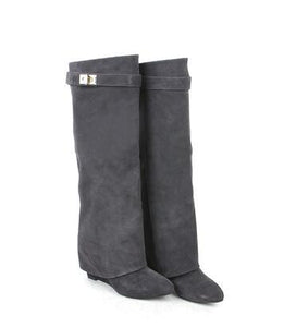 Silver Metal Shark lock Knee high Boots White Women Pointed Toe Leather Wedge Increase Height High Heel Shoes Over The Knee boot