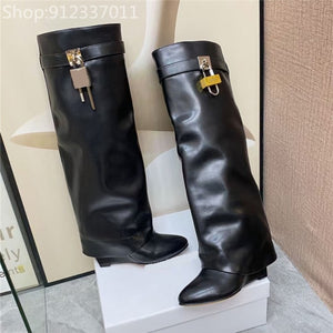 Shark Lock Decor Wedge Heel Boots