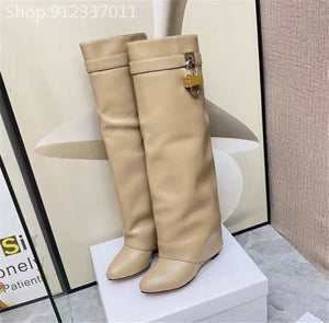 Shark Lock Decor Wedge Heel Boots