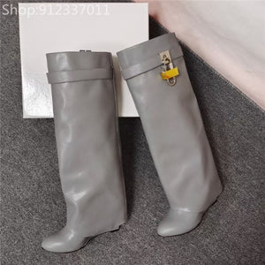 Shark Lock Decor Wedge Heel Boots