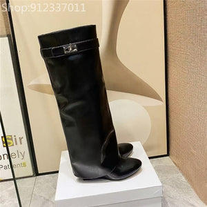 Shark Lock Decor Wedge Heel Boots