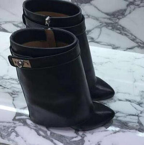 Shark Lock Leather Wedge Boots Height Increasing Fold Over Ankle Boot Women Riding Boots Winter Shoes Motorcycle Boots Free Ship